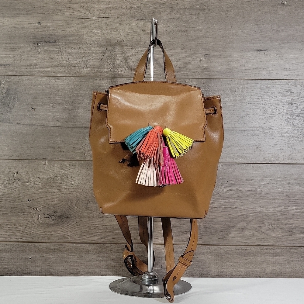 Rebecca Minkoff Tan Leather Backpack with Multicolor Tassels